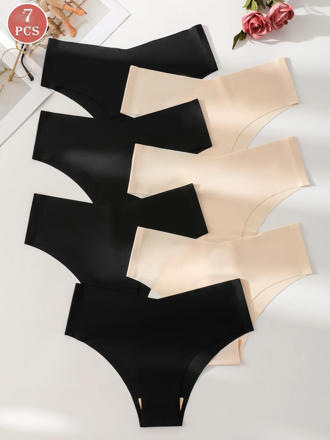 7Pcs Women's Black & Beige Seamless V-Waist Panties No Show Invisible Soft Stretch Ice Silk Multi-color Underwear