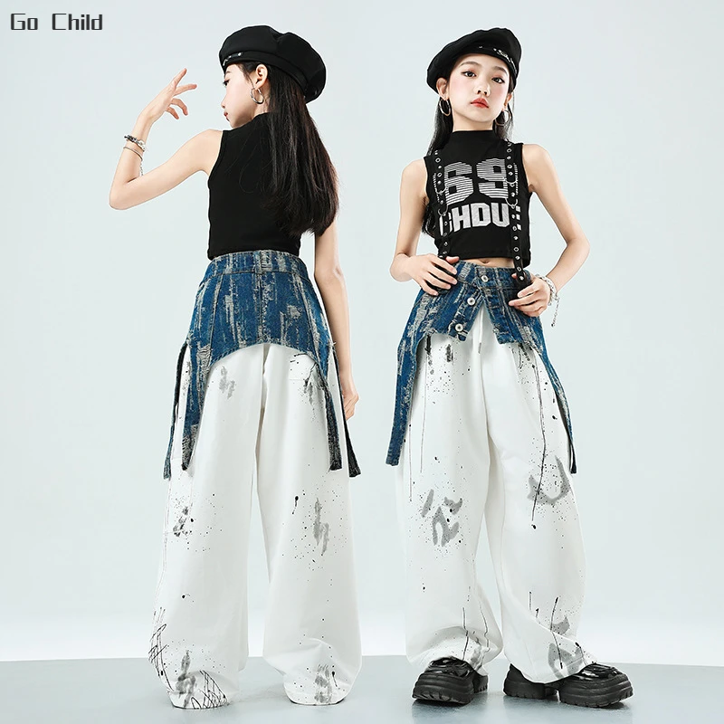 Girls Fashion Streetwear Child Hip Hop High Collar Crop Tank Top Corset Cargo Pants Clothes Sets Kids Street Dance Jazz Costumes