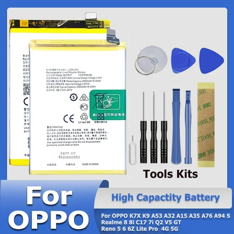 New BLP803 BLP807 Battery For OPPO K7X K9 A53 A32 A15 A35 A76 A94 S Realme 8 8i C17 7i Q2 V5 GT Reno 5 6 6Z Lite Pro + Tool Kit