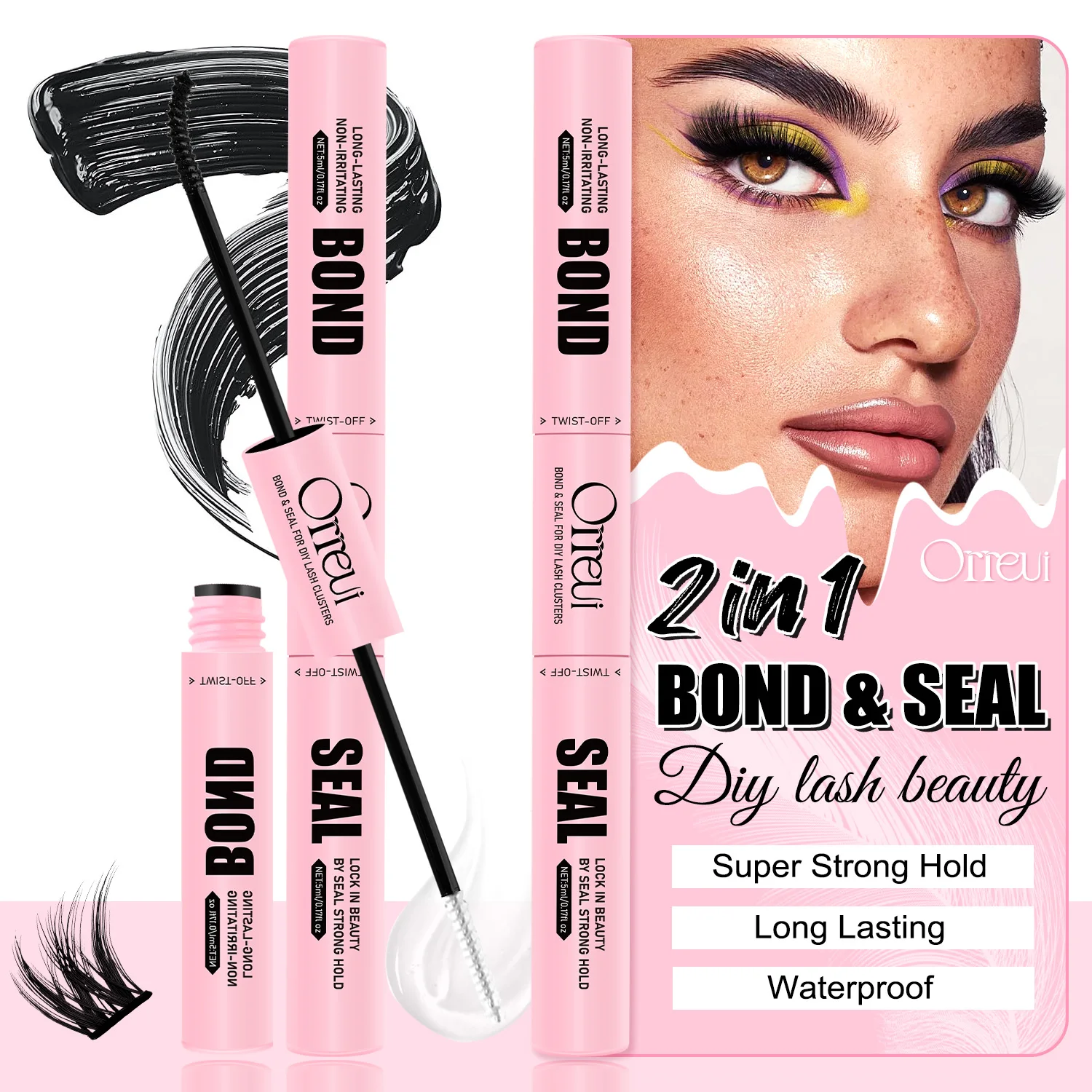 2 in 1 Lash Bond and Seal Cluster Eyelash Glue 72H Long Lasting Waterproof Strong Hold DIY Lash Extension Adhesive Black White S