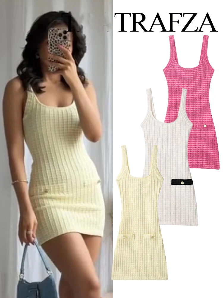 

TRAFZA Woman 2025 Summer Fashion Square Collar Beach Party Mini Dress Female Texture Pocket Button Decorate Sleeveless Dress