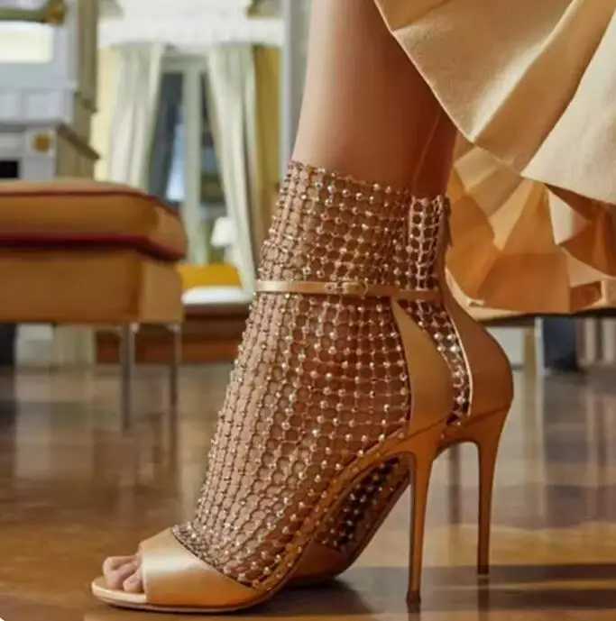 

Glitter Rhinestone Mesh Patchwork Small Straps Sandals Boots Woman Peep Toe Crystal Mesh Wedding Shoes Summer Ankle Boots