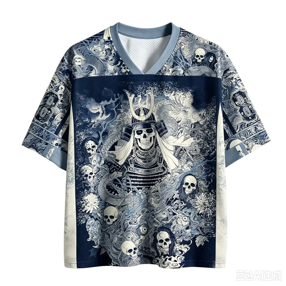 Retro Japanisches Ukiyo-e Samurai-Schädel-Drachen Schnelltrocknend Atmungsaktiv 3D-Druck Herren V-Ausschnitt T-Shirt Street Fashion Hip-Hop Y2K Eltern-Kind – Detail 7