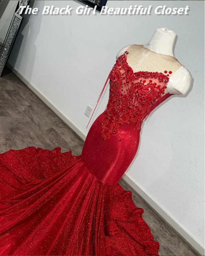 High Luxury Red Prom Dresses New Sparkling Diamond Beaded Tassel Decoration Formal Gowns Black Girls Elegant Style Party Dresses