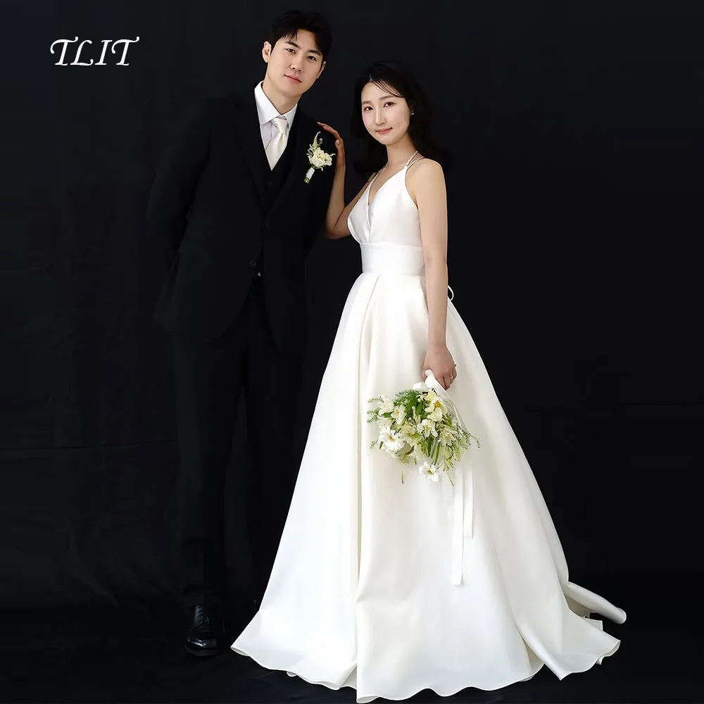 Tlit elegante seda cetim a linha vestido de casamento nne deeep com decote em v vestidos de noiva coreia vestidos de noiva fotos sessão personalizada