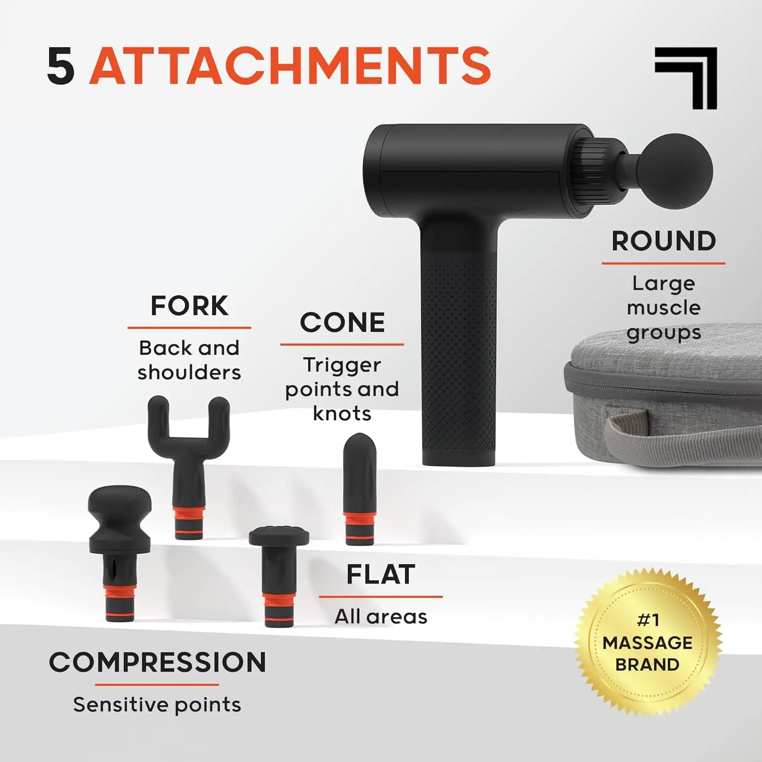 مسدس تدليك الأنسجة العميقة، 6 سرعات، 5 ملحقات، قابل لإعادة الشحن، أسود