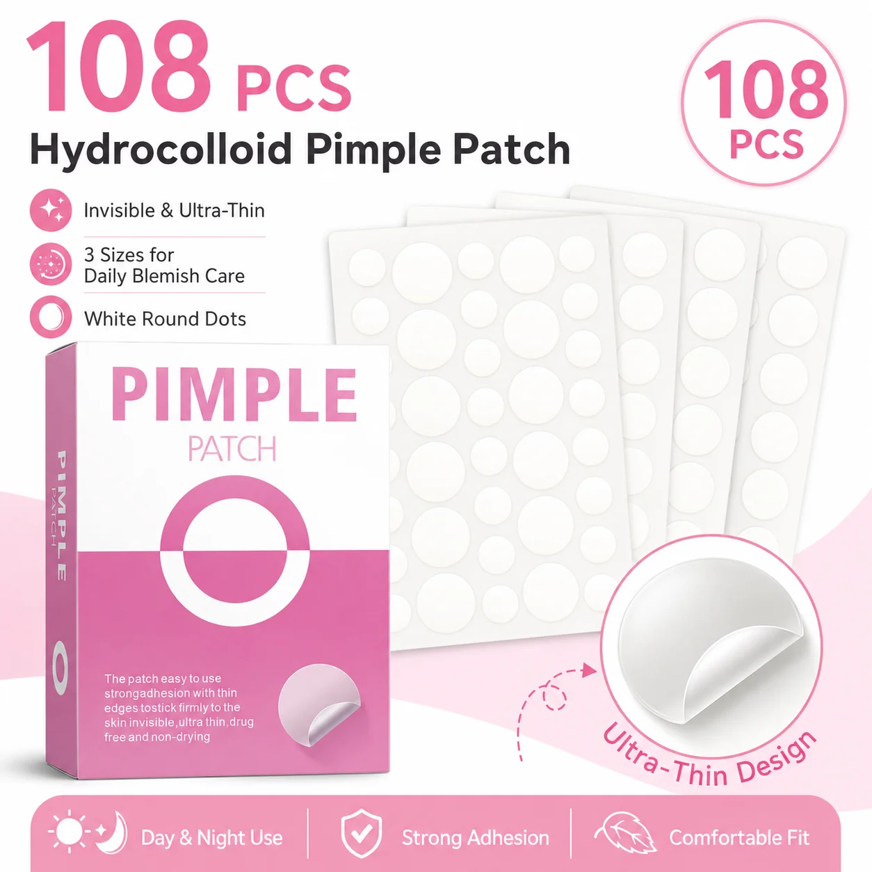 108PCS Hydrocolloid Blemish Patches White Round Dot Invisible Spot Cover Ultra Thin Face Stickers Day Night Care
