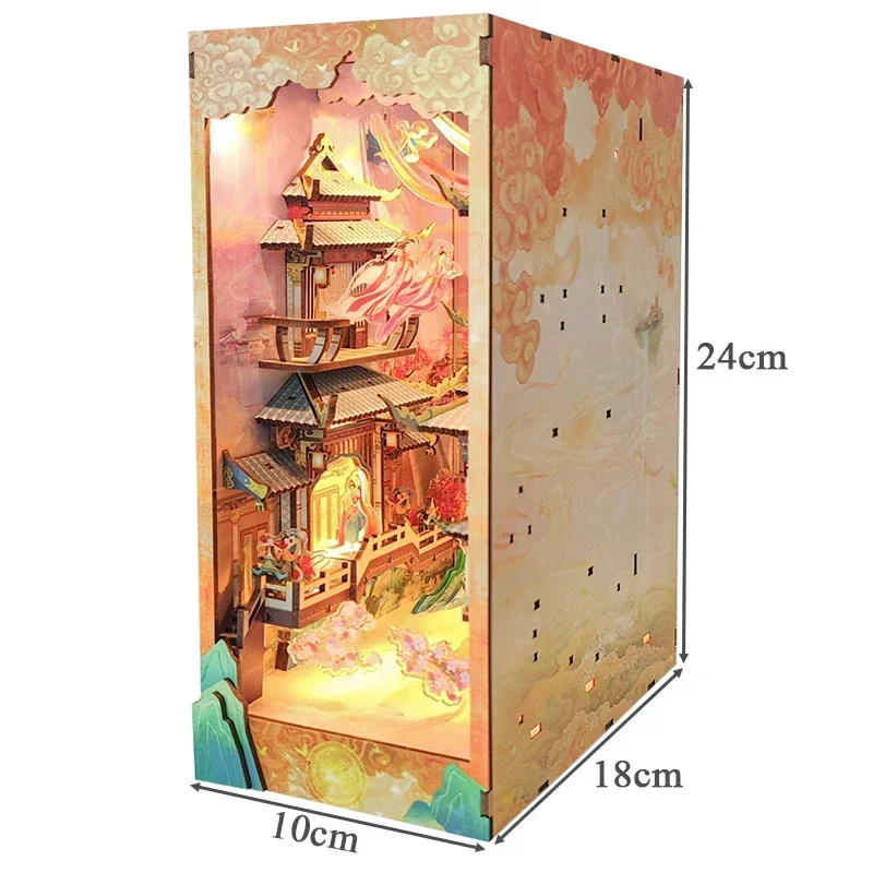 Chinese Mythical Story Bookend DIY Wooden Book Nook with Light 3D Puzzle Bookshelf Assembly Bookend for Adults Birthday Gifts