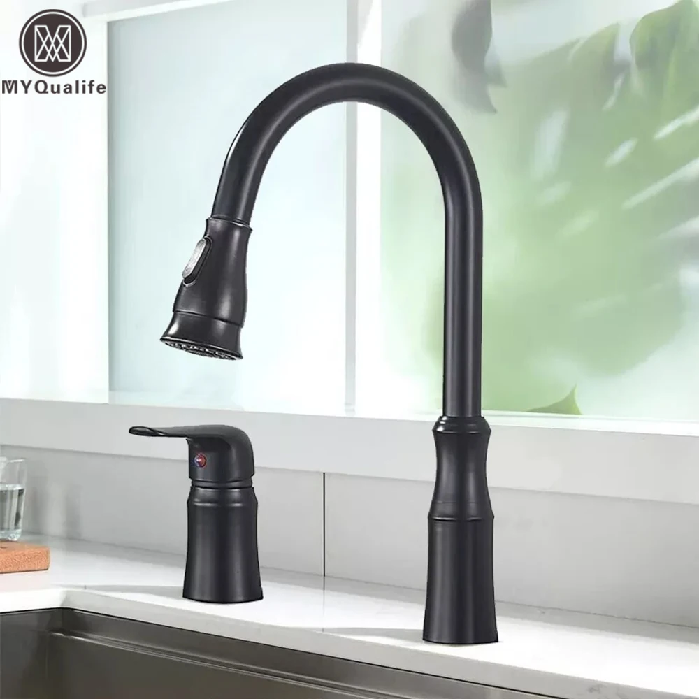 

Matte Black Kitchen Sink Faucet with Pull Down Sprayer 1 Handle 2 Hole Mixer Tap Hot and Cold Taps