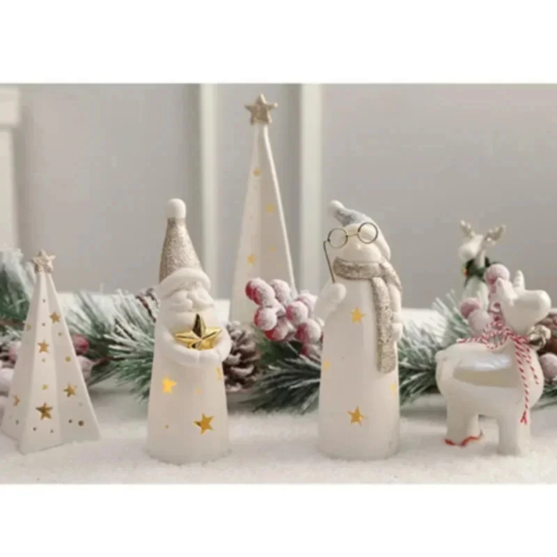 Christmas Santa Decorative Household Tabletop Mini Ceramic Christmas Snowman Luminous Decorations Lights New Year Ornament Gift