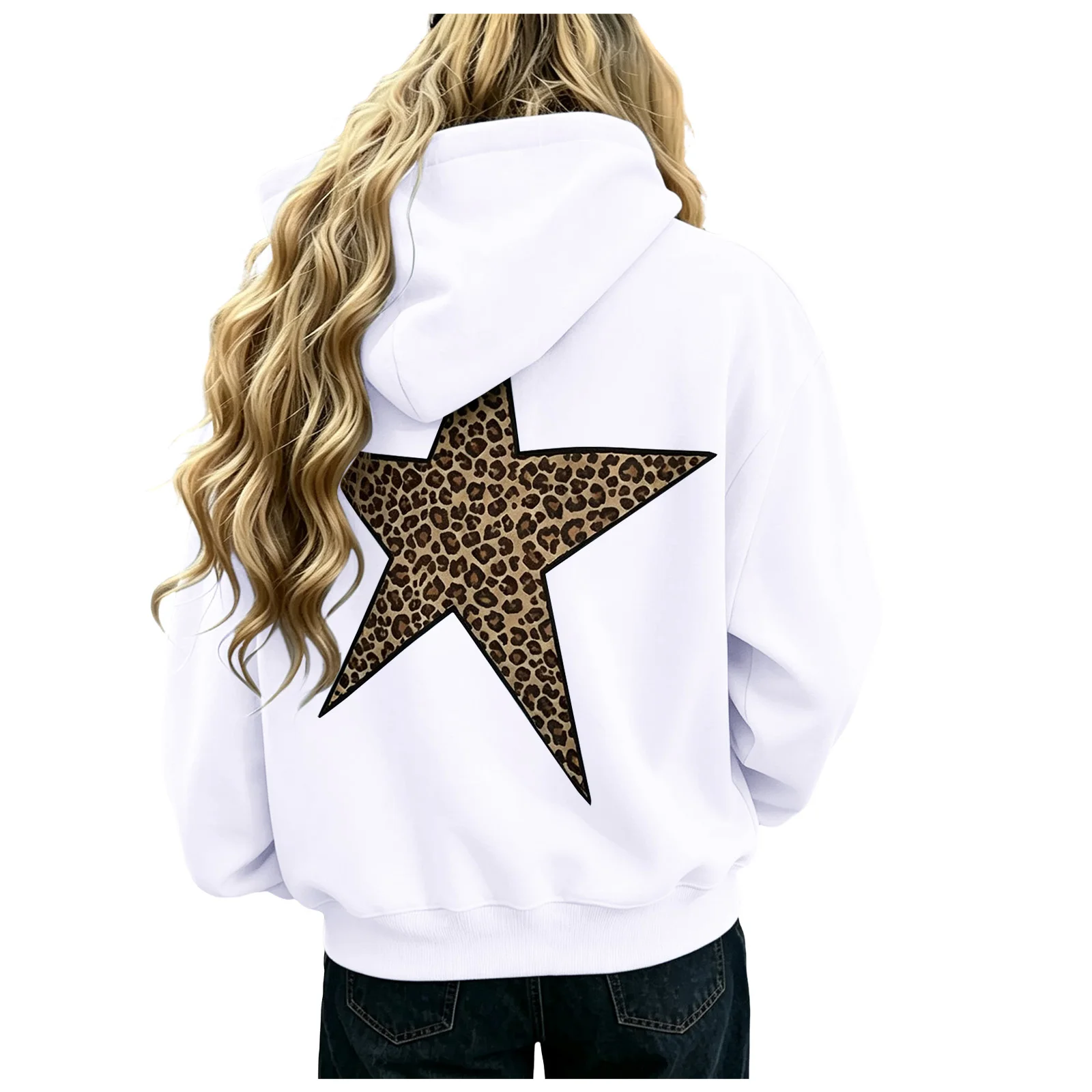 Women Oversize Hoodies With Back Star Leopard Printed Long Sleeve Hooded Sweatshirts Autumn Winter Streetwear Casual Pullover