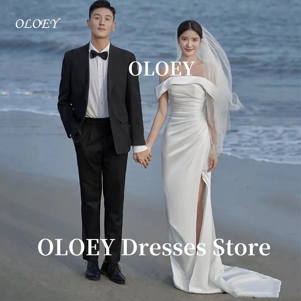 

OLOEY Sexy Off Shoulder Mermaid Wedding Dresses Korea Photo shoot Pleats Split Satin Bridal Gowns Beach Elegant Customized