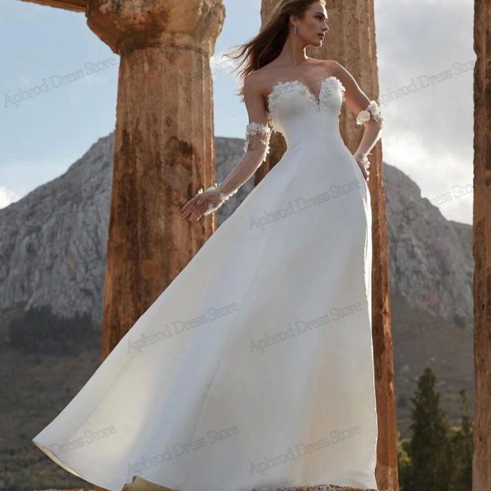 Klasszikus mű esküvői dresses számára Nők a-line Szatén menyasszonyi gowns applique pántnélküli backless robes Ülésterem Hossz vestidos Delaware novia