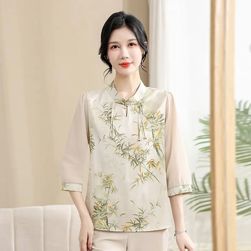 

Mothers Summer Wear Lightweight 3/4 Sleeve New Chinese Style Print Versatile T-Shirt Loose Fit For Covering Flesh