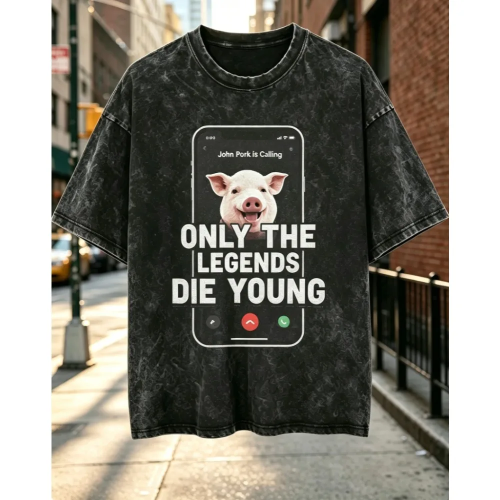 2026 New Vintage Washed T-Shirt John Pork Is Calling Men’s Women’s Oversized Short Sleeve Top Funny Printed Washed T-Shirt