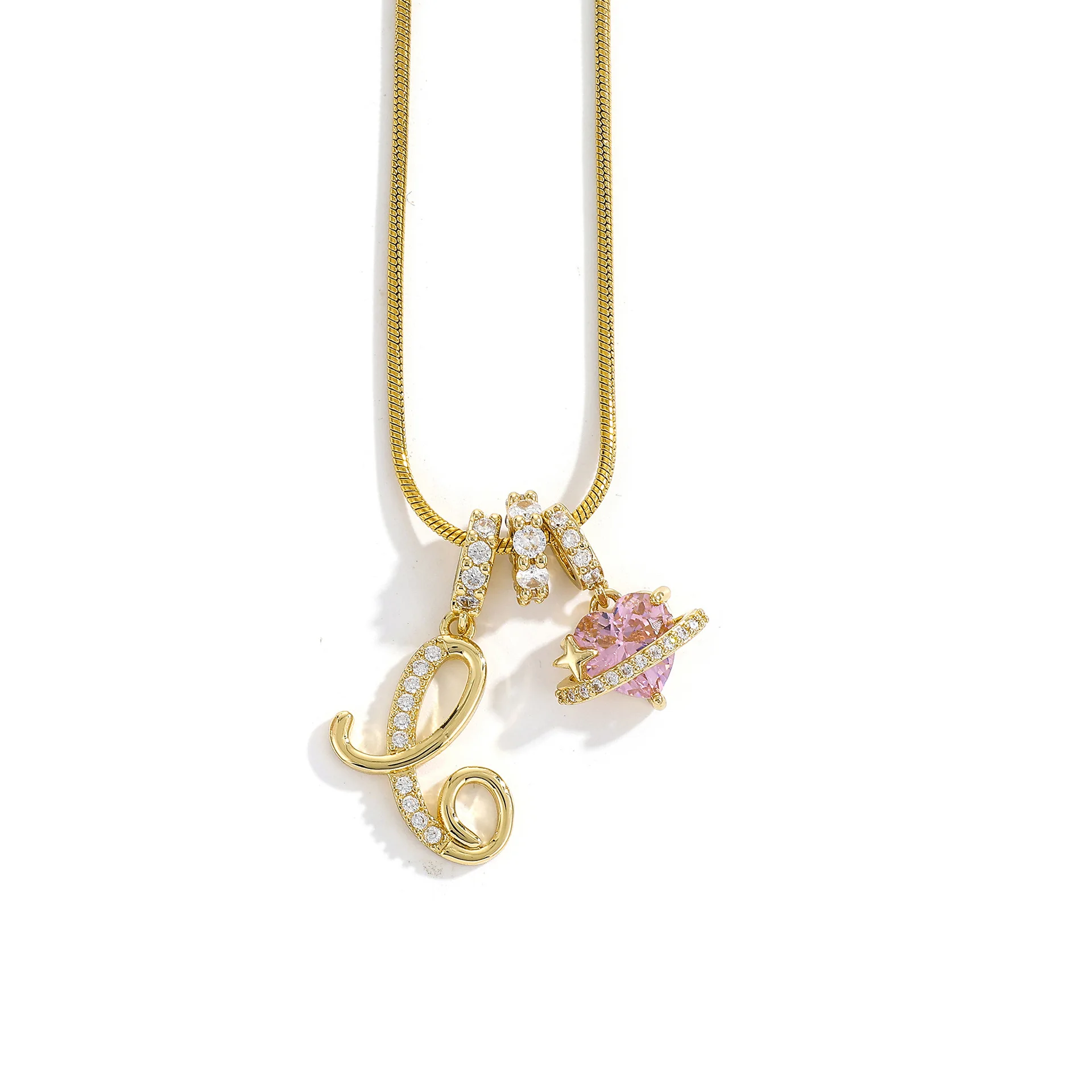 Women's A-Z Initial Letter Pendant Necklace Snake Chain Initial Alphabet CZ Pink Heart Necklace Adjustable Size Hypoallergenic
