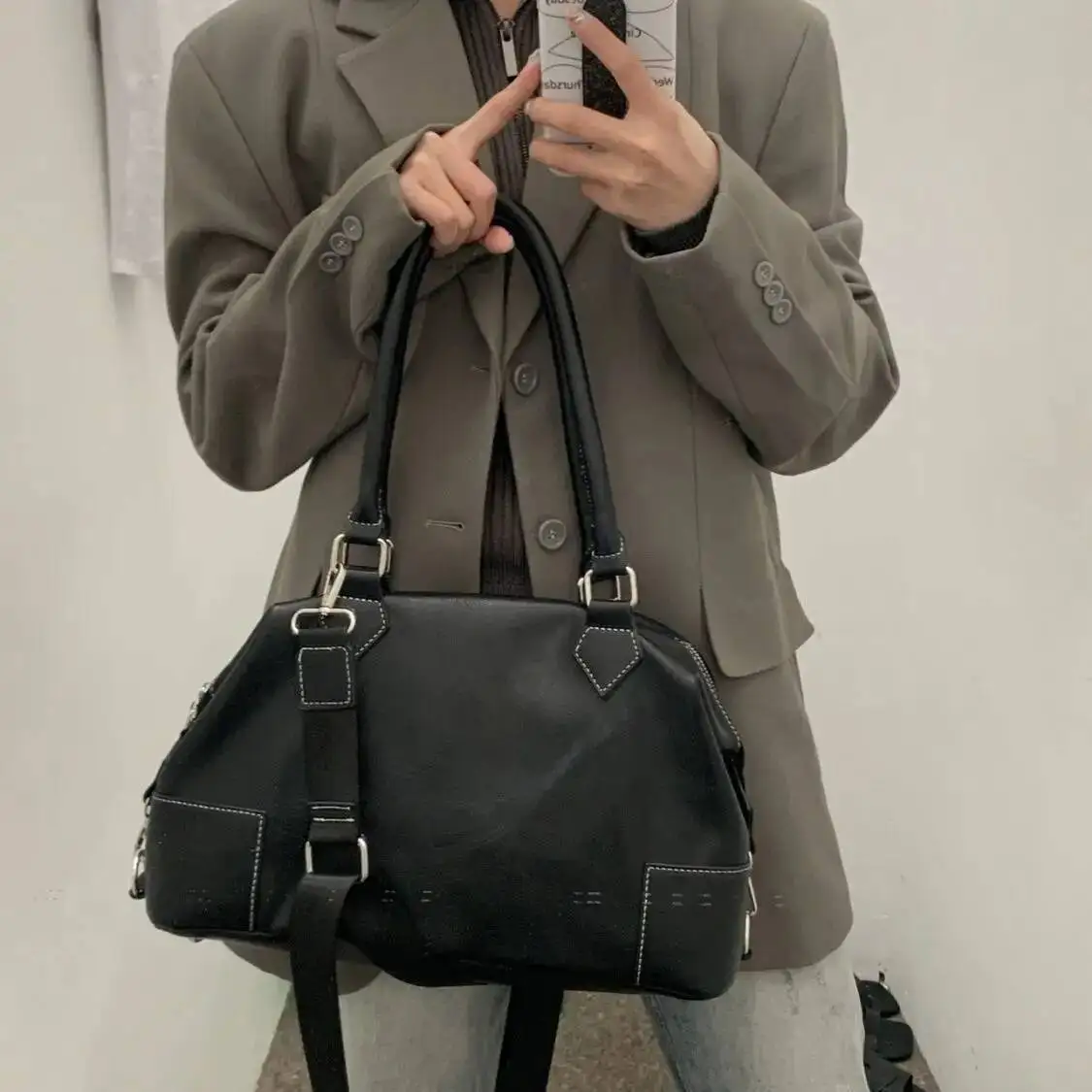 Bloom Retro Large Capacity Tote Women Vintage Soft Leather Casual Shoulder Bags Ladies Y2k Grunge Handbag Messenger Bag