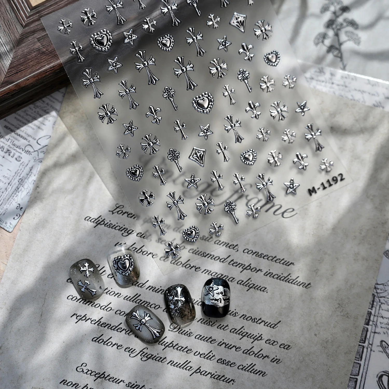 Dark Silver Cross Nail Stickers Retro Punk Heart Rivet Design Self Adhesive Premium Vinyl for Women Party Decor