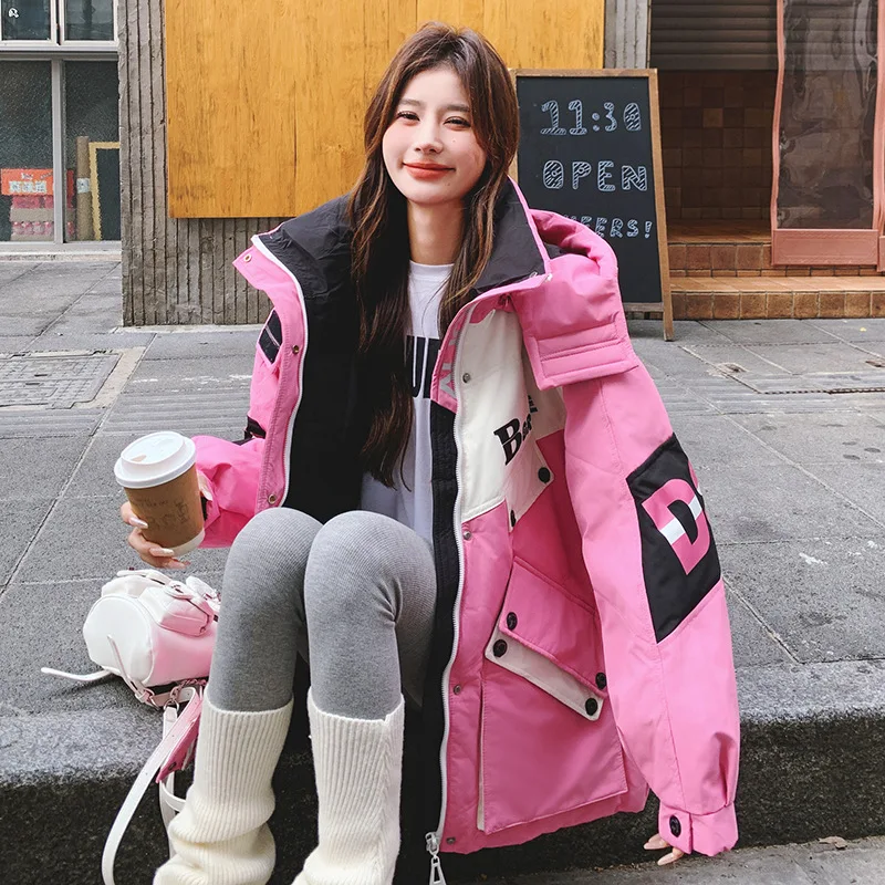 Losse letterprint witte eend donsjack voor dames winterstijl, verdikte kleurblok jas casual gesplitste winddichte top met capuchon