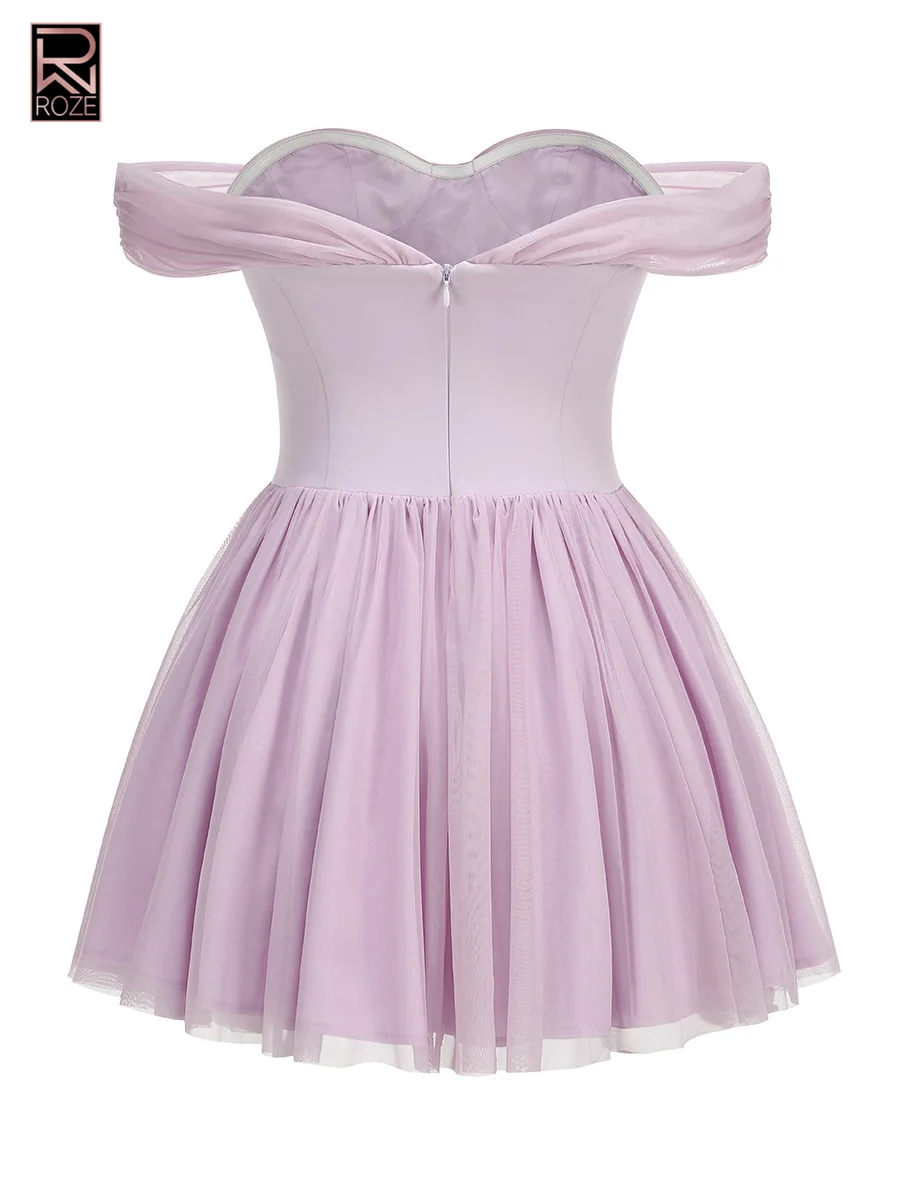 فستان لافندر مكشوف الكتفين - شبكة شفافة وتنورة مطوية، فستان حفل مسائي #3