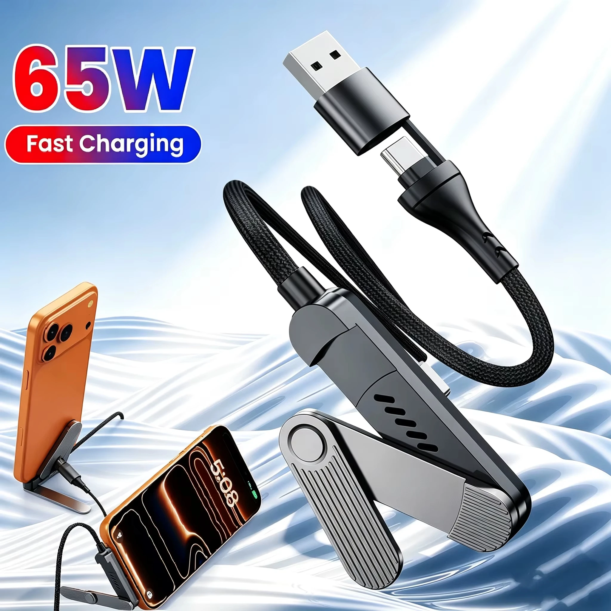 65W 2 in 1 USB A/Type-c to USB C Fast Charging Foldable Bracket Data Cable 3Fold Desk Holder Charge Wire