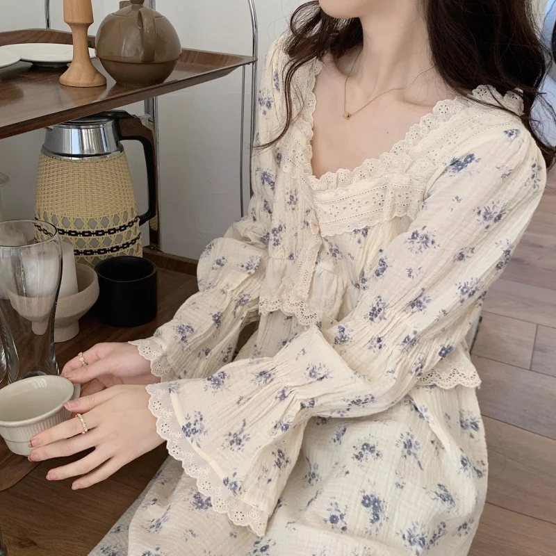 Spring Nightgown Women Sweet Floral Nightdress Long Sleeve V-Neck Koren Style Princess Home Dressing Gown Autumn Loose Nightwear