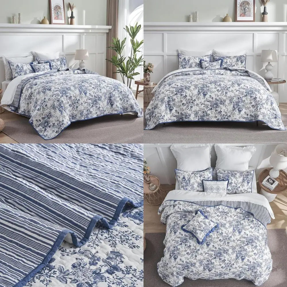 

Queen Size 100% Cotton Floral Quilt Set with Pillow Shams, 4-Piece Bedspread Coverlet Bedding