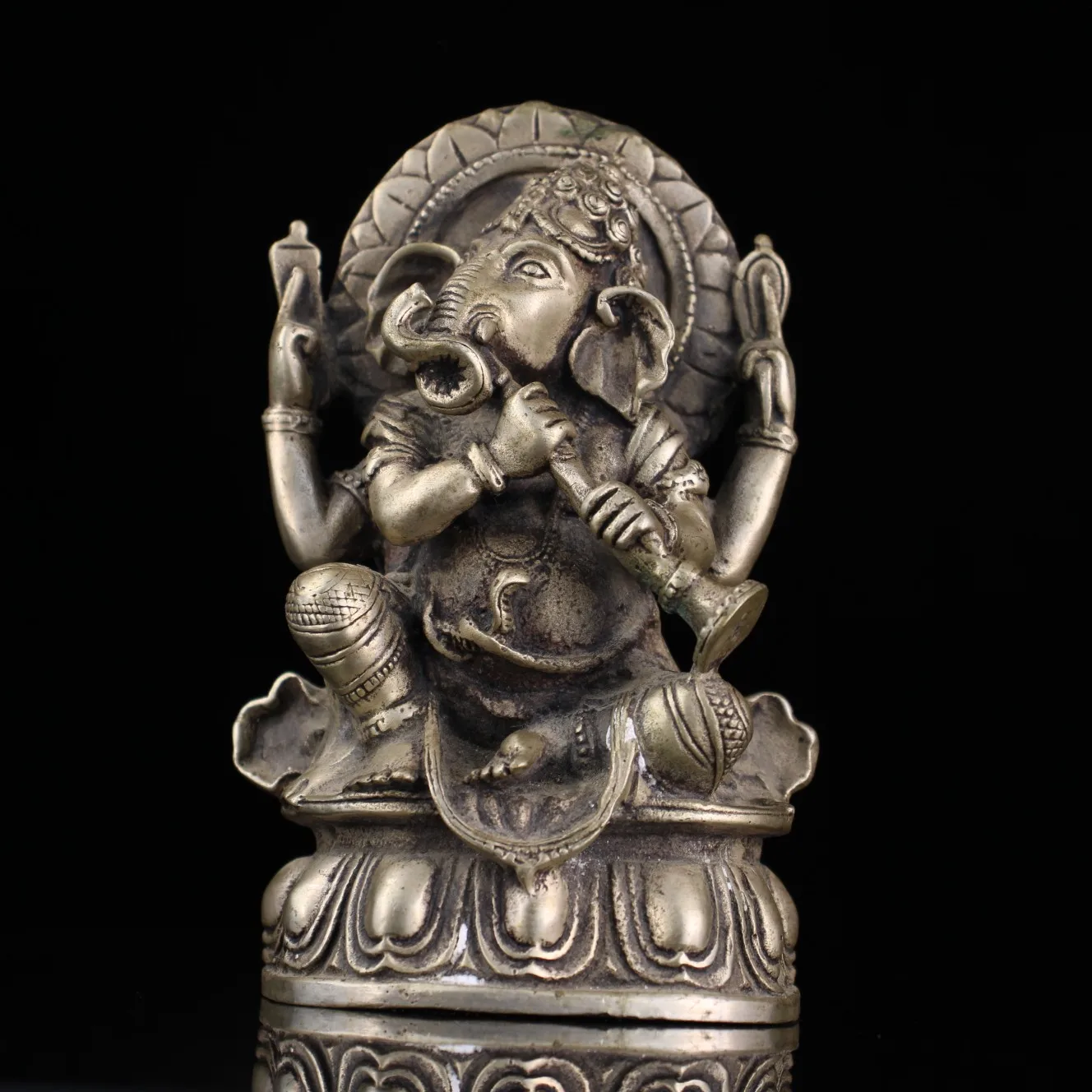 Tibet Sliver Buddhism Fane Brass 4 Arms Elephant God Jambhala Ganesha Buddha Statue