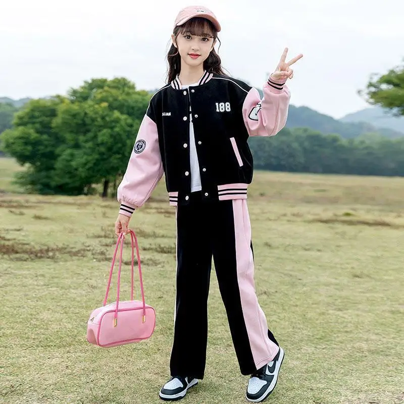 

2025 Korean Autumn School Girl Baseball Suit 2pcs Junior Girl Contrast Long Sleeve Jacket+Wide-leg Pants Children Girl Tracksuit