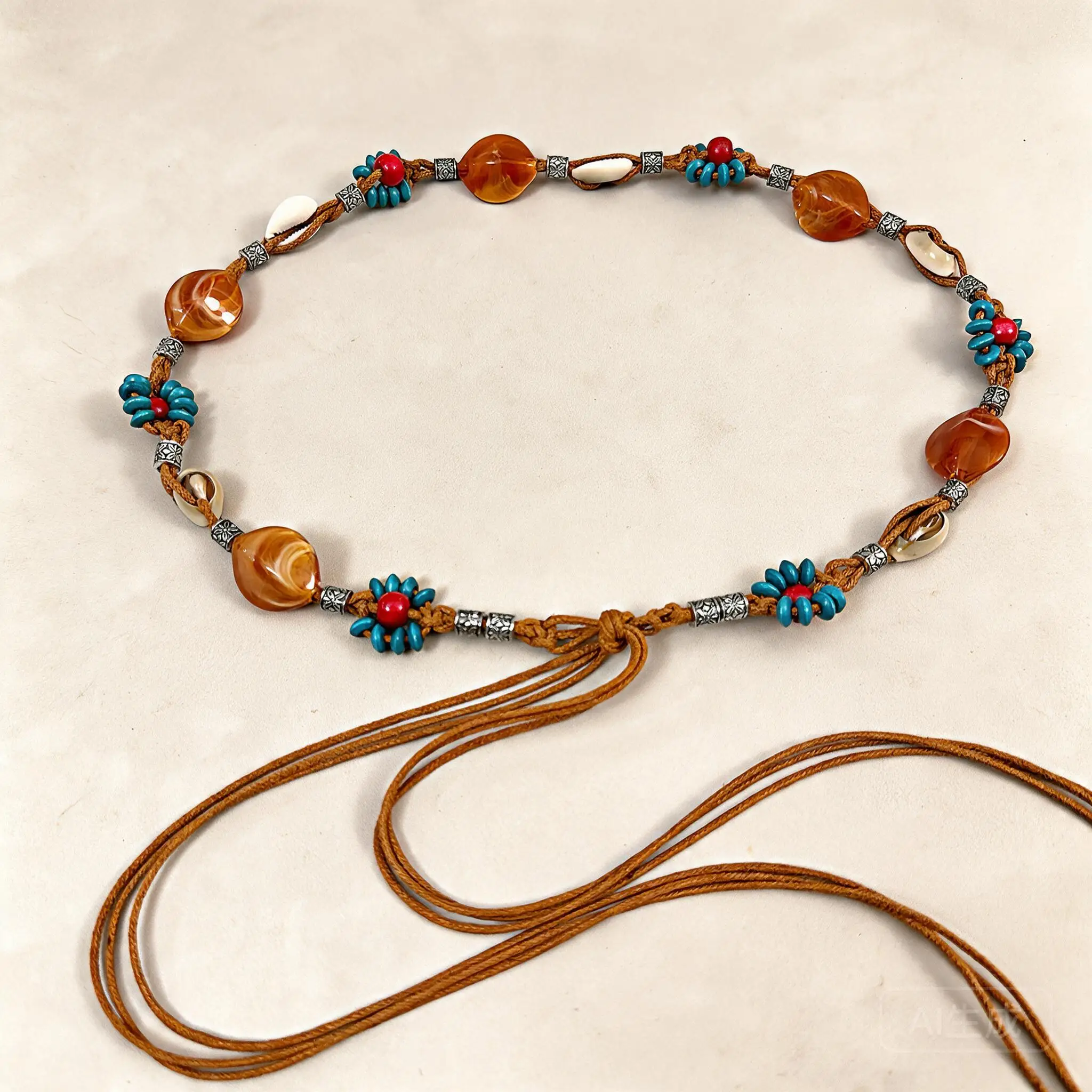 Bohemian Handmade Woven Beaded Rope Waist Belt For Women Brown Ethnic Shell Flower Decor Beach Holiday Casual Dress Accessories