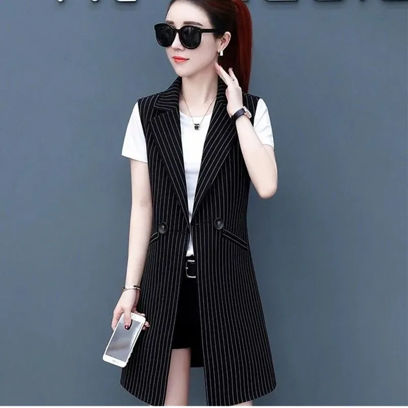 2023 Spring Autumn New Suit Vest Jacket Women\'s Slim Sleeveless Coat Fashion Trend Female Temperament Stripe Long Waistcoat Tops