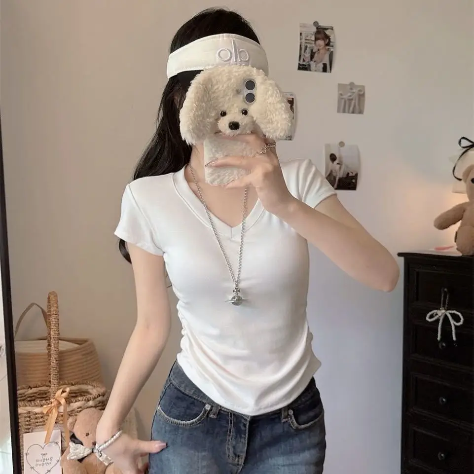 Summer New Pure Desire V-neck Short Sleeve T-shirt Women's Slimming Waist Fixed Chest Pad Versatile Top Commute Style
