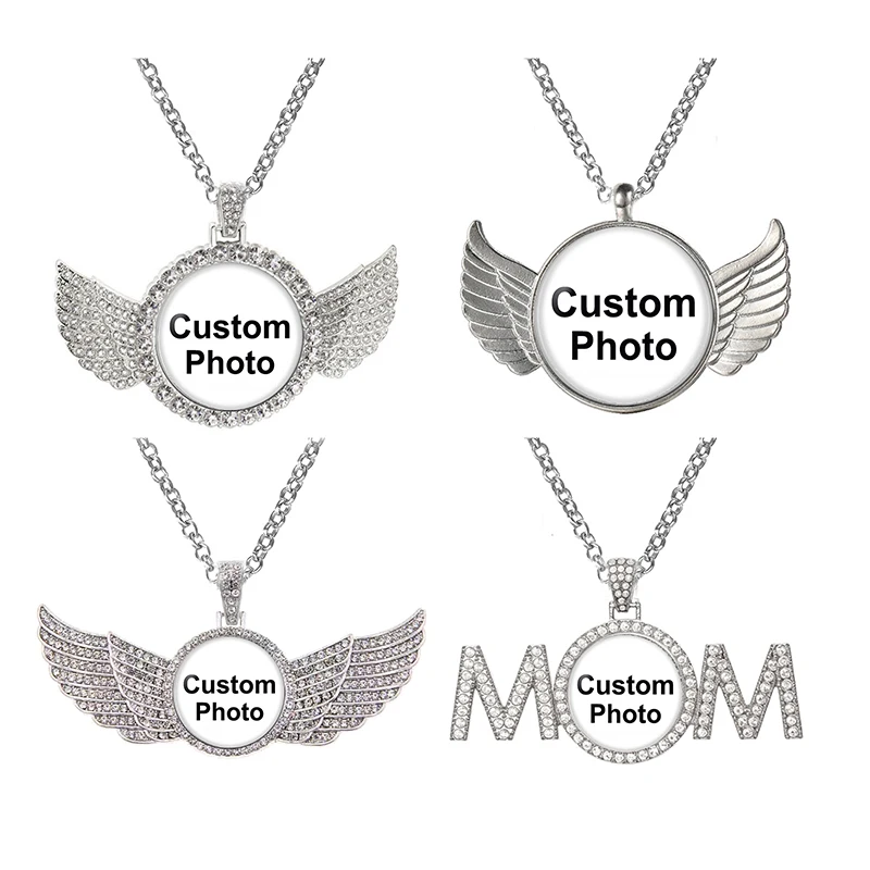 Personalized Photo Custom Pictures 25mm Glass Cabochon Wings Mom Round Pendant Charms Silver Plated Crystal Pendant DIY Jewelry