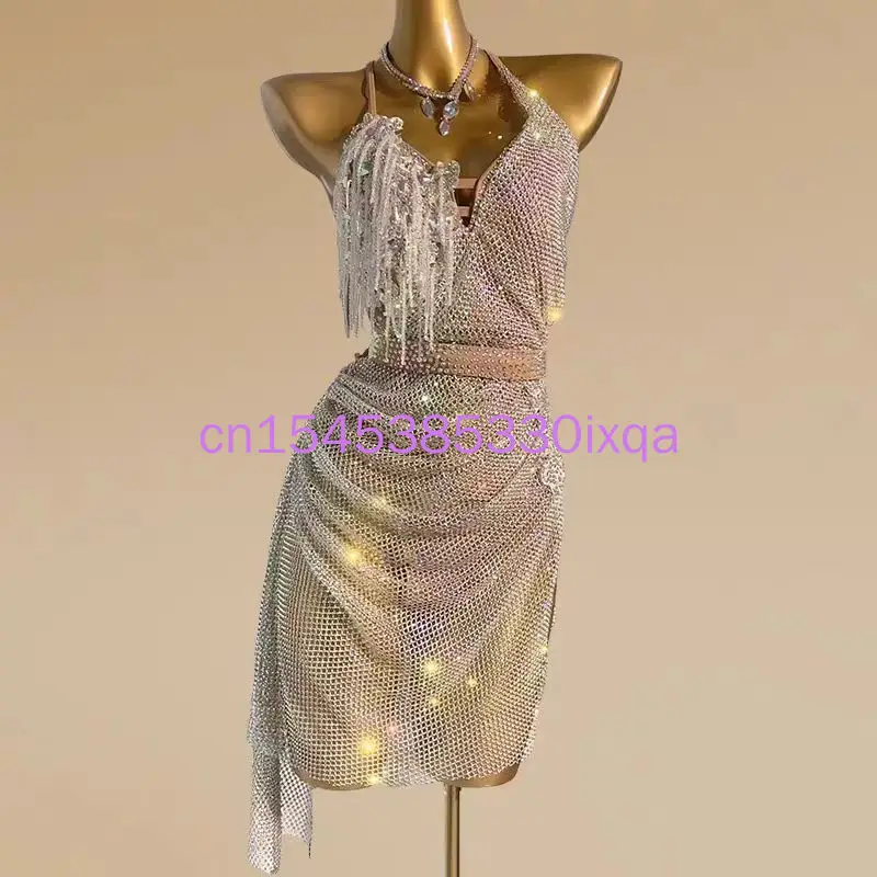 

Платье для латинских танцев, высококачественное сетчатое марлевое платье на заказ, облегающее платье с бриллиантами, ча-ча, танго, женская профессиональная одежда для сцены для взрослых