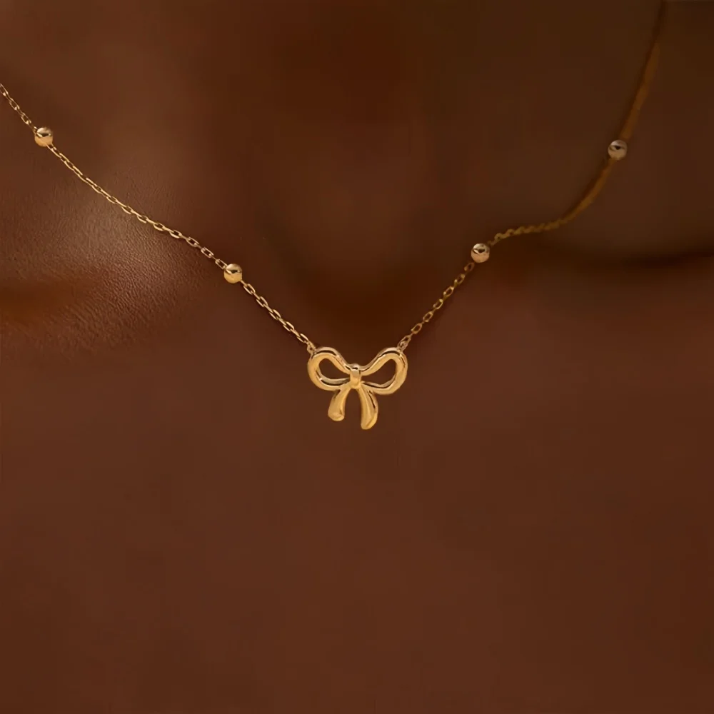 Edelstahl-Schleifenanhänger-Halskette, einfache Perlenkette, Schlüsselbeinkette für Damen, modischer Schmuck, Geschenk-Accessoires – Detail 1