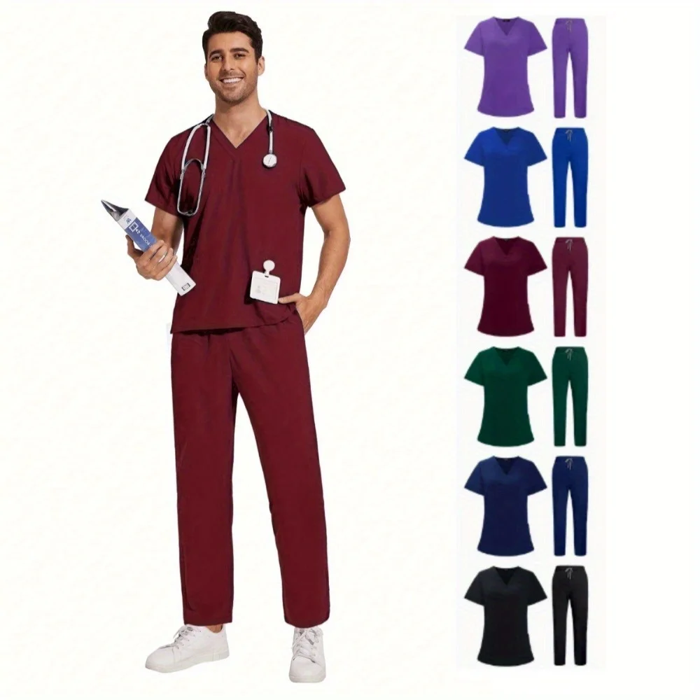 

2Pcs Set Male Dental Clinic Scrubs Uniforms Nursing Clothes Multicolor V-Neck Tops Fashion Scrubs Men's Scrubs Set