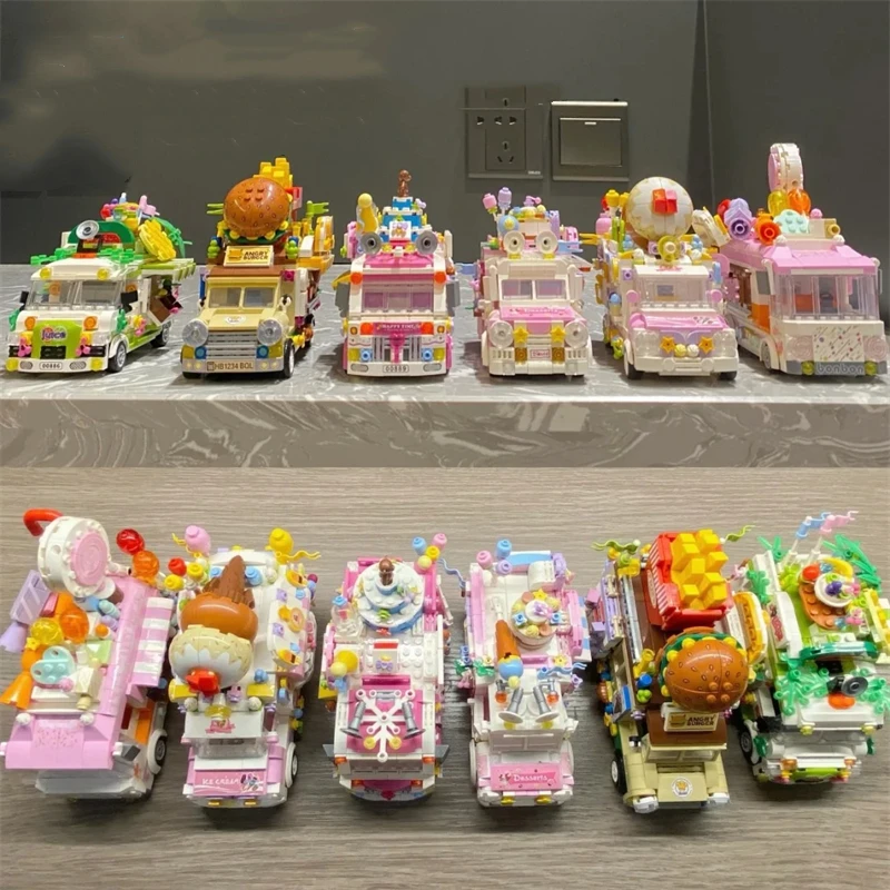 Street view car building blocks burger ice cream truck assembled model ornaments kawaii collection hand-made birthday gift