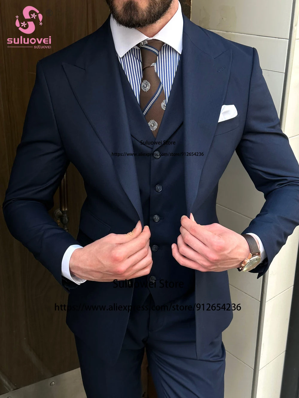 Classic Navy Blue Slim Fit Suits For Men 3 Piece Pants Set Formal Groom Wedding Dinner Prom Peaked Lapel Tuxedo Blazer Masculino