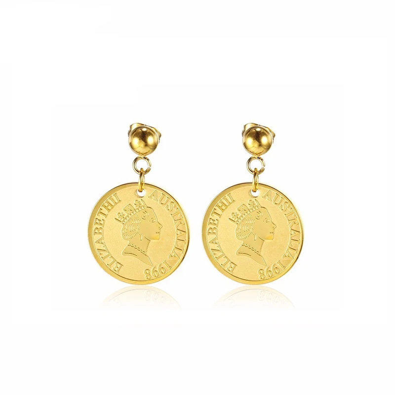 Stainless Steel Elizabeth Queen Gold Coin Hanging Stud Earrings Classic Temperament Women's Jewellery