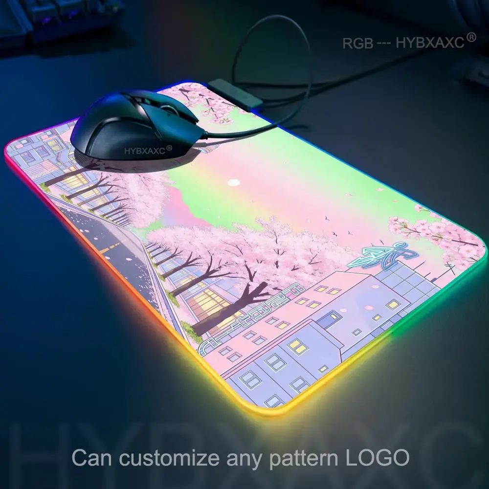HYBXAXCRGB LED Pink Moon big Mousepad Anime Mouse Pads Gaming Mouse Pad Cartoon Non-Slip Deskmat Keyboard Mat Desk Protector Pc