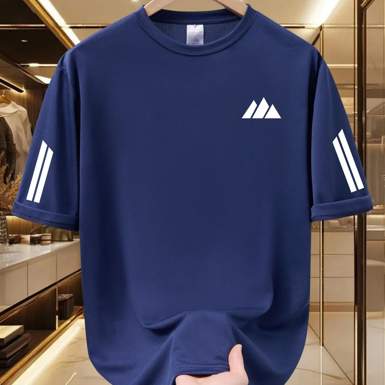 Summer Male Crew‑Neck Tee, Quick‑Dry Breathable Mesh Fabric, Minimalist Three‑Peak Mountain Small‑Label Print Streetwear Tops