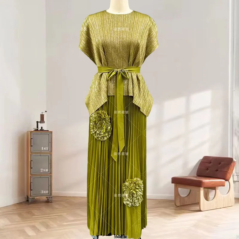 

Miyake Pleated Skirt Set Plus Size Women's Sold Slim Set Miyake Pleated Pullover Pleated Trousers Two Piece Fashion Dresses
