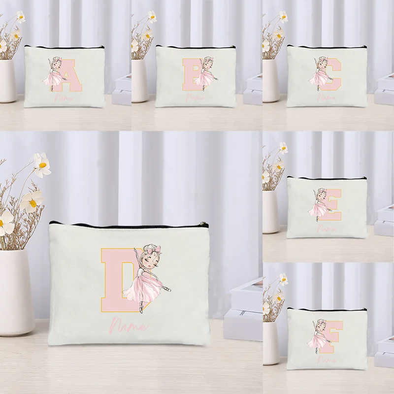 Personalizable Name A-Z Initial Make up Bag Custom Name Ballet Girls Cosmetic Pouch Travel Toilet Clutch Wedding Bridesmaid Gift