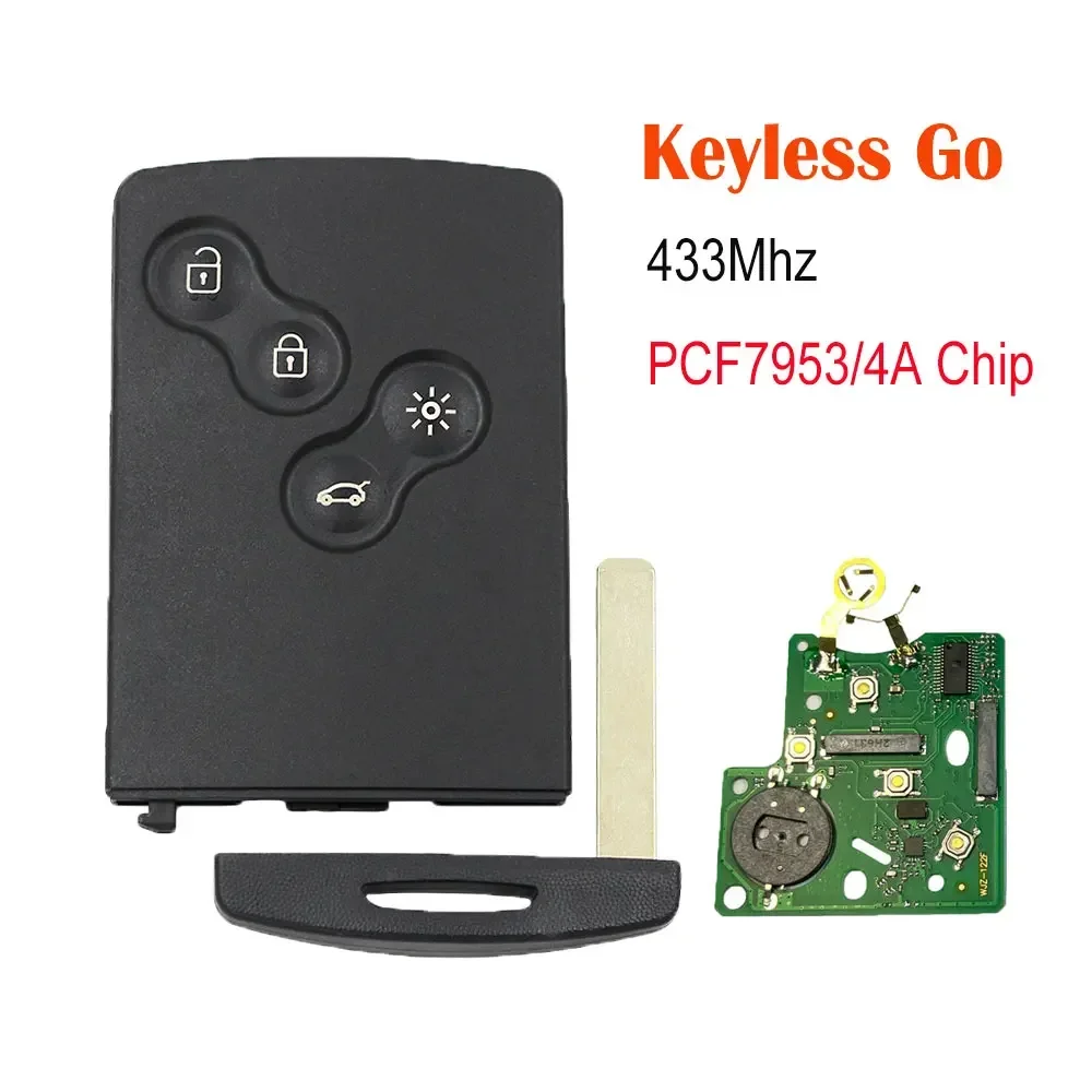 Smart Card Car Key 4 Buttons PCF7945/PCF7953 4A Chip 433Mhz for Renault Clio 4 Captur Passive Keyless Go Entry Remote HandsFree