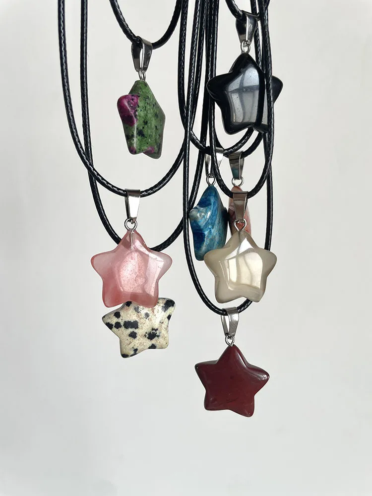 Trend Natural Stone Hexagon Crystal Rose Quartz Opal Star Pendant Necklace for Women Fluorite Lapis Bullet Pendulum Jewelry 2024