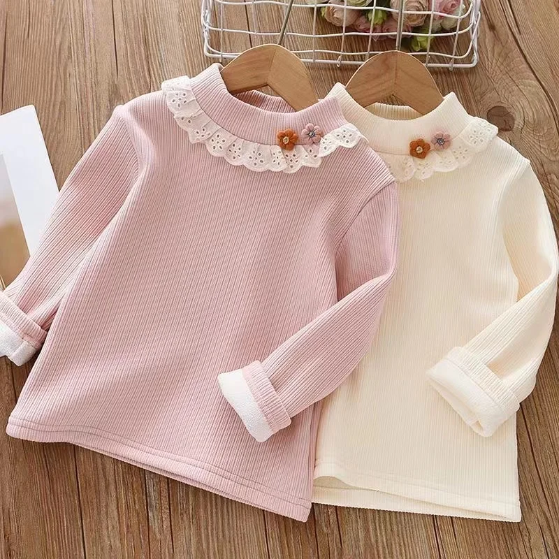 Girls Underlay 2024 New Winter Children's Half High Collar Girl Baby Foreigner Cute Plush Thickened Top Girls' T-shirt Kids