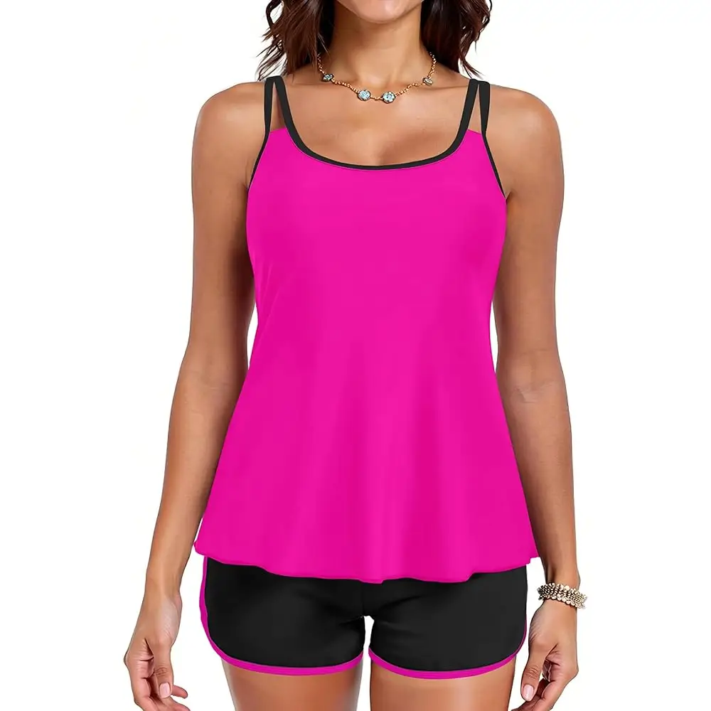 

Купальники-танкини с шортами - комплект из двух предметов: топ с эффектом утяжки живота и свободные шорты с двумя карманами, модель 2025 года