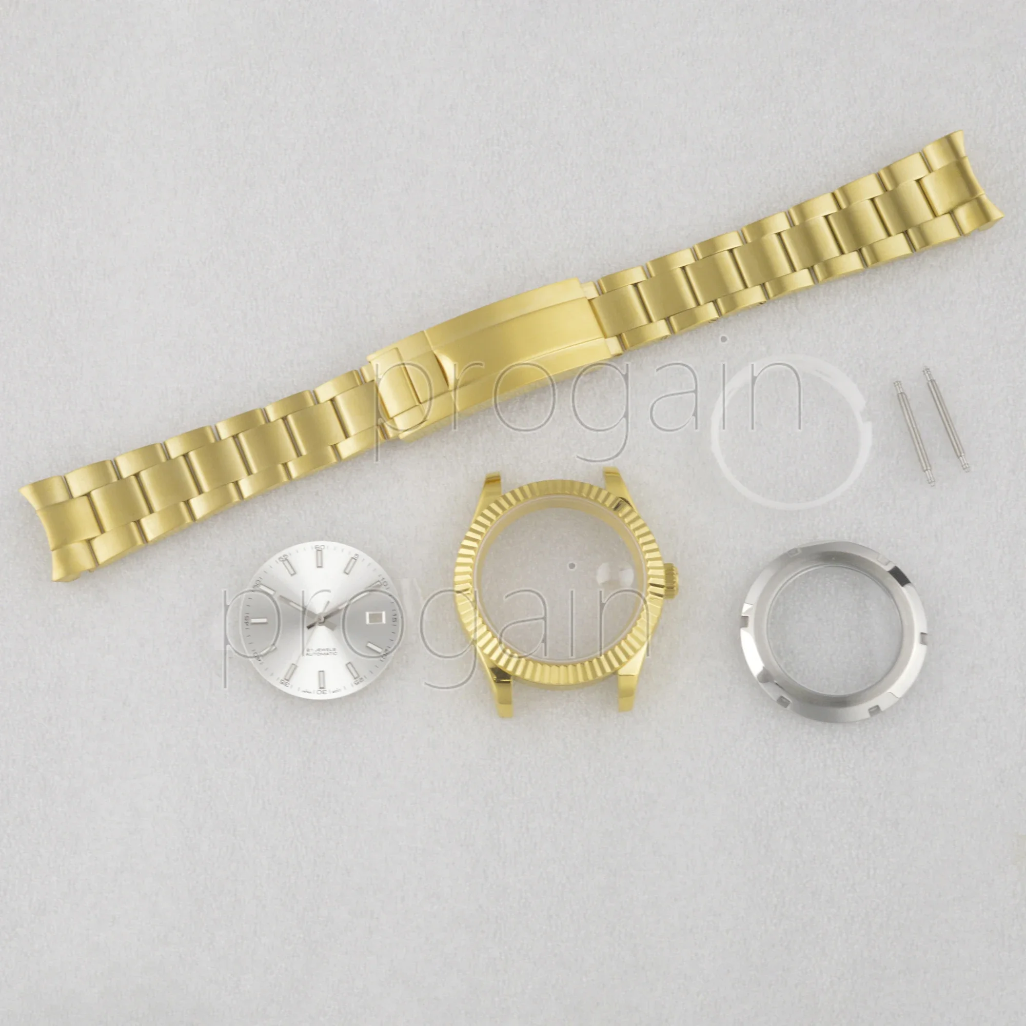 41mm Gold Stainless Steel watchcase Strap for Datejust Transparent cover Watch Dial Hands Sapphire Glass fit NH35 Movement parts