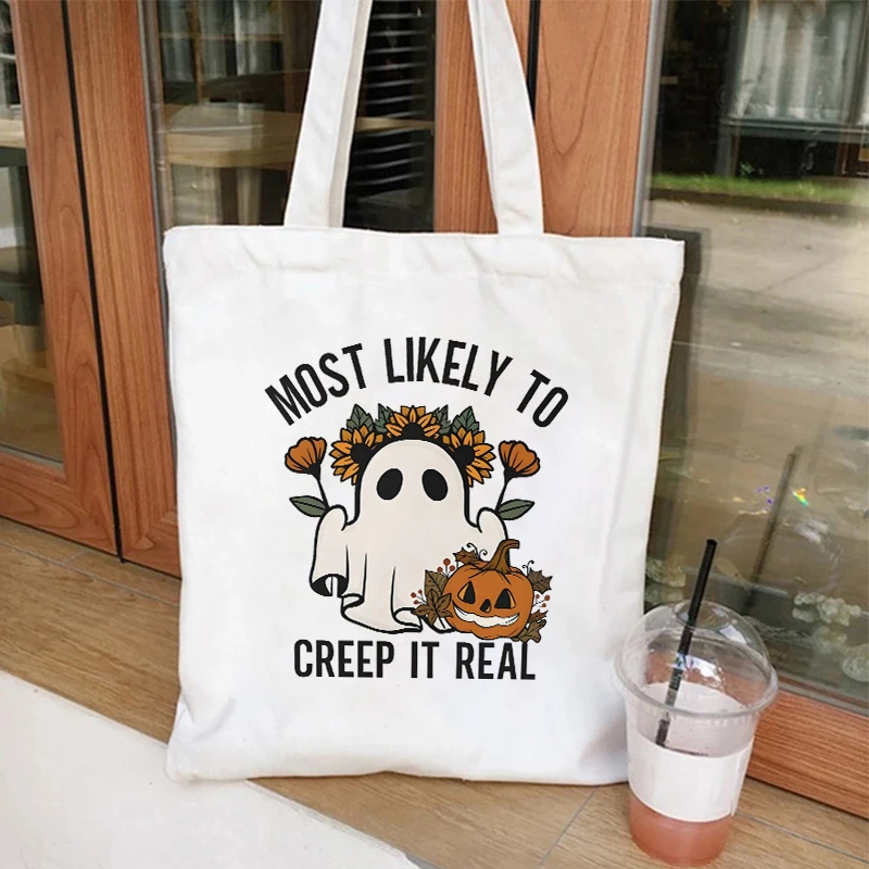 Most Likely To Halloween Party Canvas Bags Ladies Shopping Bags Spooky Cute Retro Boo Tote Books Bag for Girls Fashion Handbags