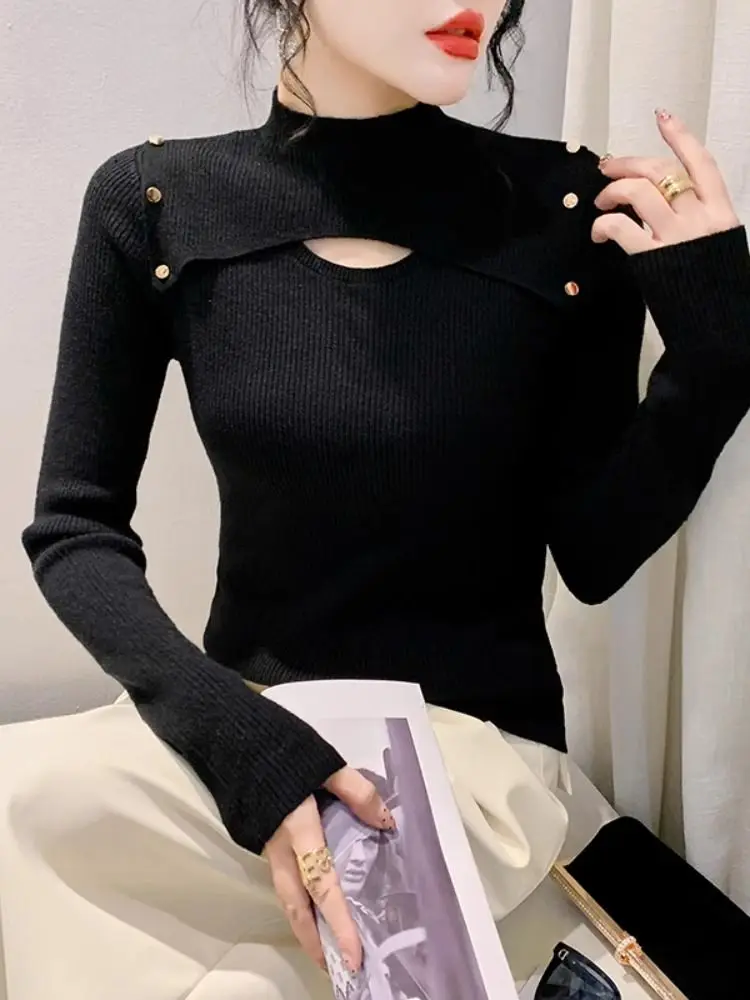 Half High Neck Hollow Out Knitted Sweater Long Sleeved New Versatile Fashion Stylish and Slimming Worn as a Base Shirt Top For